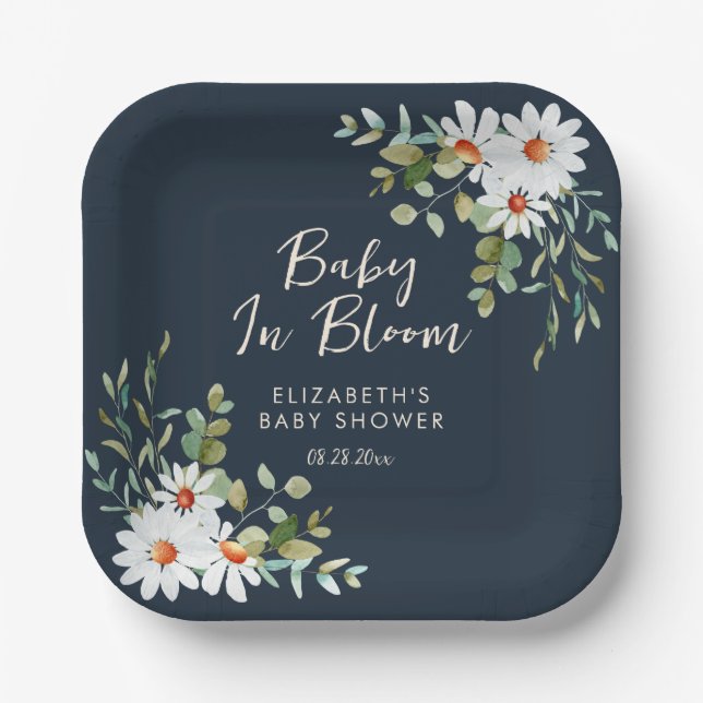 Eucalyptus & Daisy Navy Blue Baby Shower  Paper Plate (Front)