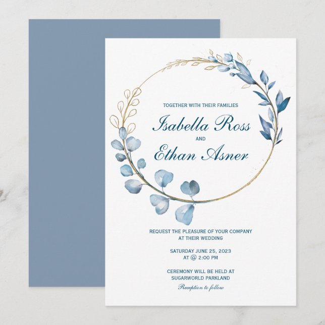 Eucalyptus Dusty Blue and Gold wedding Invitation (Front/Back)