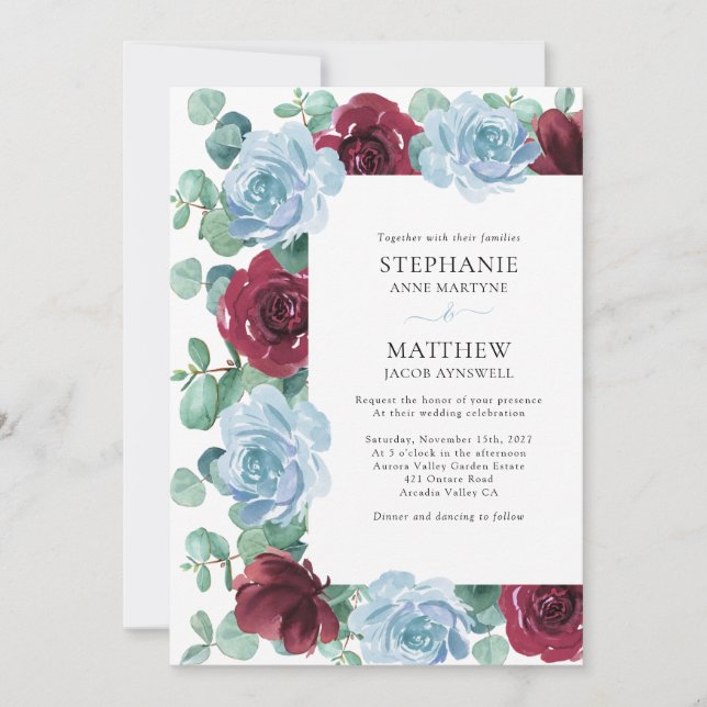 Eucalyptus Dusty Blue Burgundy Botanical Wedding I Invitation (Front)