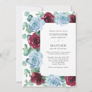 Eucalyptus Dusty Blue Burgundy Botanical Wedding I Invitation