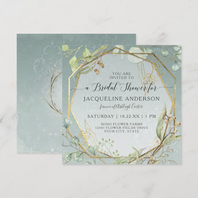 Eucalyptus Dusty Blue Gold Hexagon Bridal Shower I Invitation (Front/Back)