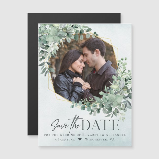 Eucalyptus Dusty Blue Wedding Photo Save the Date Magnetic Invitation (Front/Back)