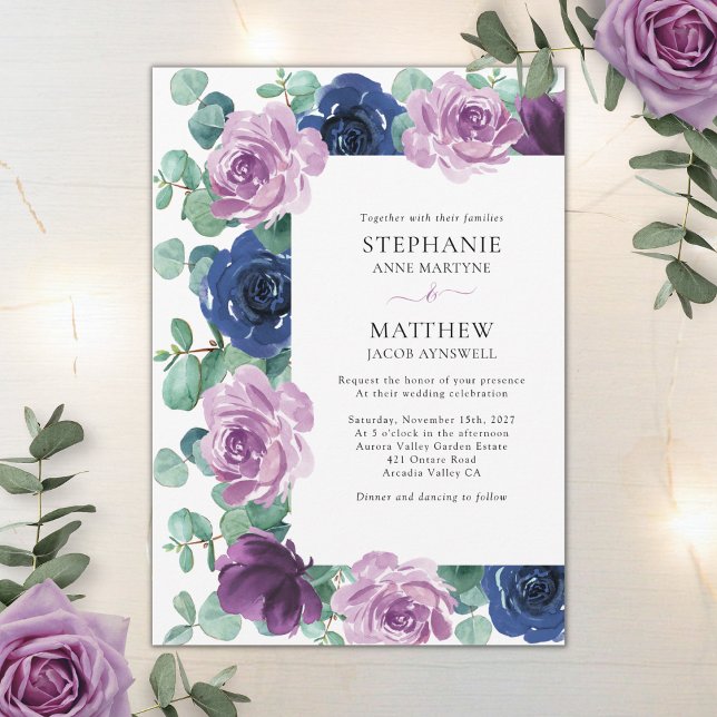 Eucalyptus Dusty Mauve Navy Blue Botanical Wedding Invitation (Creator Uploaded)