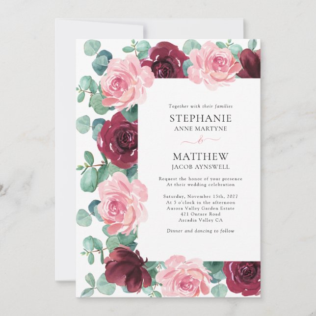 Eucalyptus Dusty Pink Burgundy Botanical Wedding I Invitation (Front)