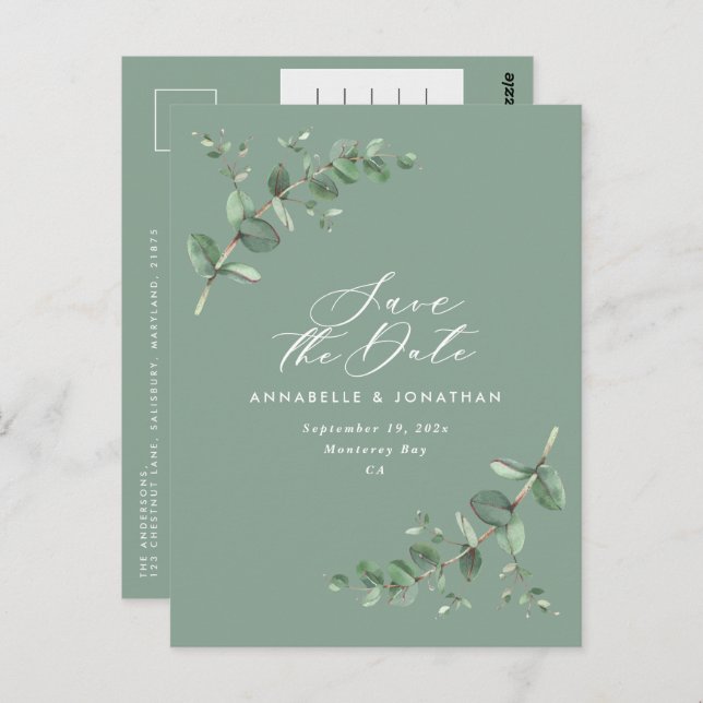 Eucalyptus elegant green wedding save the date postcard (Front/Back)