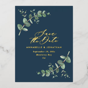 Eucalyptus elegant modern wedding save the date foil holiday postcard