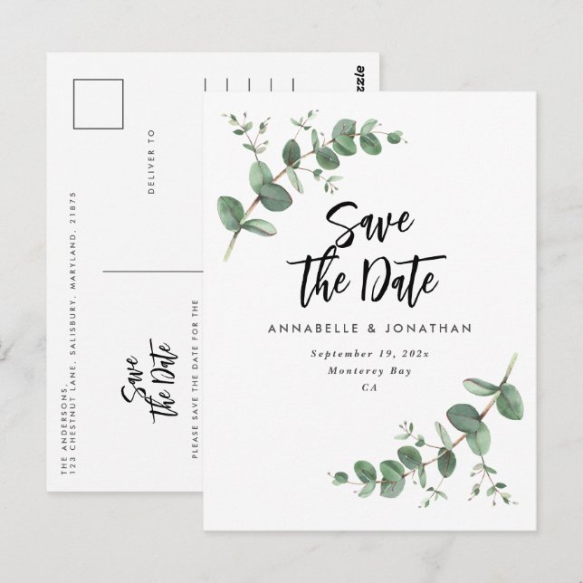 Eucalyptus elegant modern wedding save the date po postcard (Front/Back)