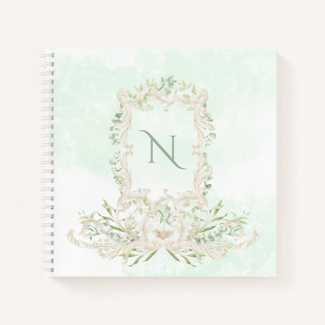 Eucalyptus Elegant Monogram Green Ivory Frame Notebook (Front)