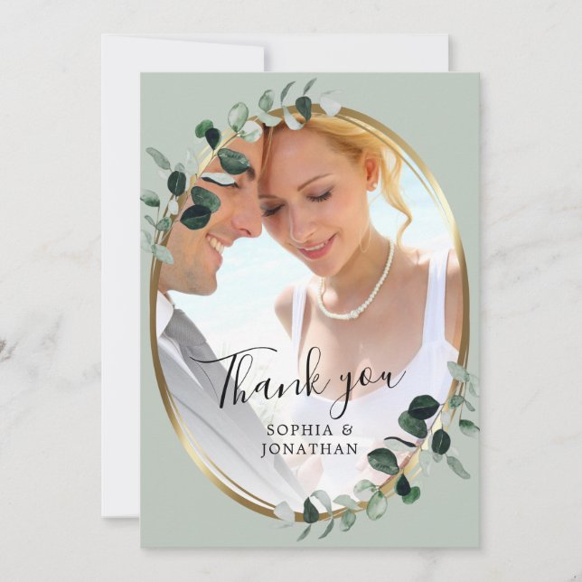 Eucalyptus Elegant Script QR Code Photo Wedding Thank You Card (Front)