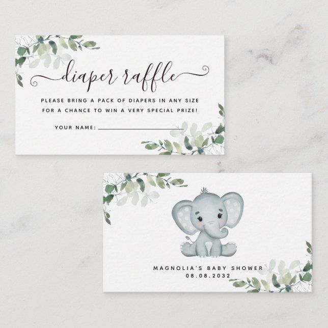 Eucalyptus Elephant Baby Shower Diaper Raffle Enclosure Card (Front/Back)