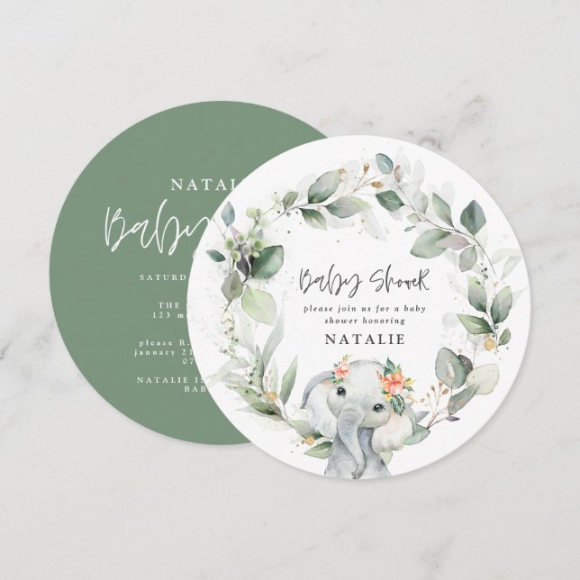 eucalyptus elephant cute green baby shower invitat invitation (Front/Back)