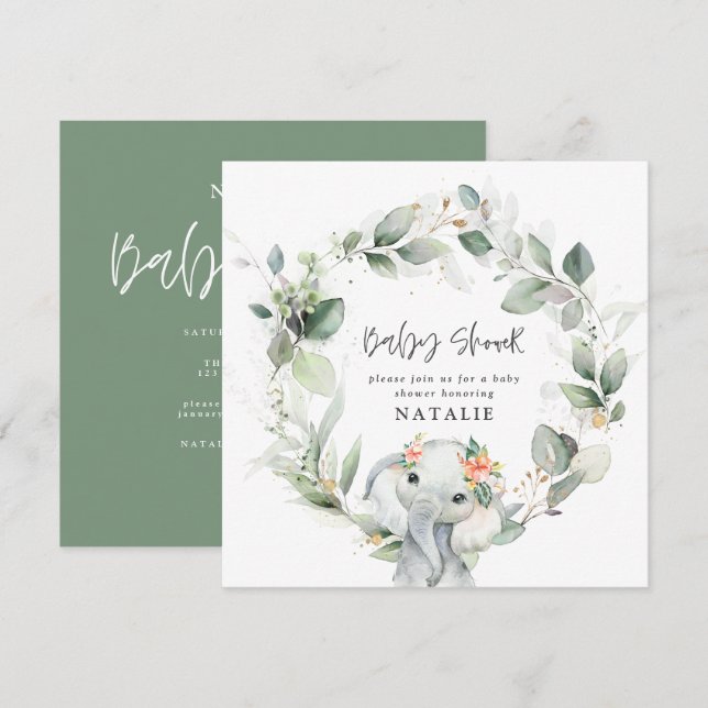 eucalyptus elephant cute green baby shower invitation (Front/Back)