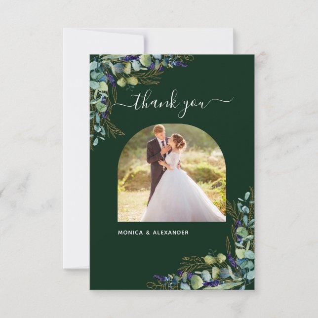 Eucalyptus emerald green modern photo wedding thank you card (Front)
