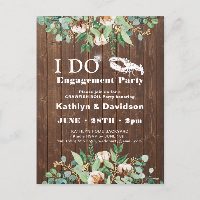 Eucalyptus Engagement Crawfish Boil Party Invite Postcard (Front)