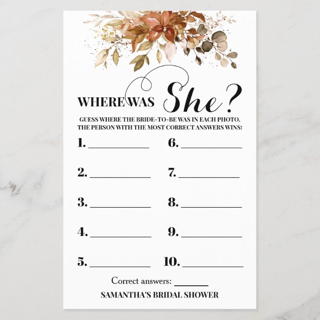 Eucalyptus Fall Where was She Bridal Shower Game Flyer (Front)