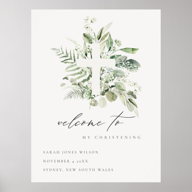 Eucalyptus Fern Fauna Cross Christening Welcome Poster (Front)