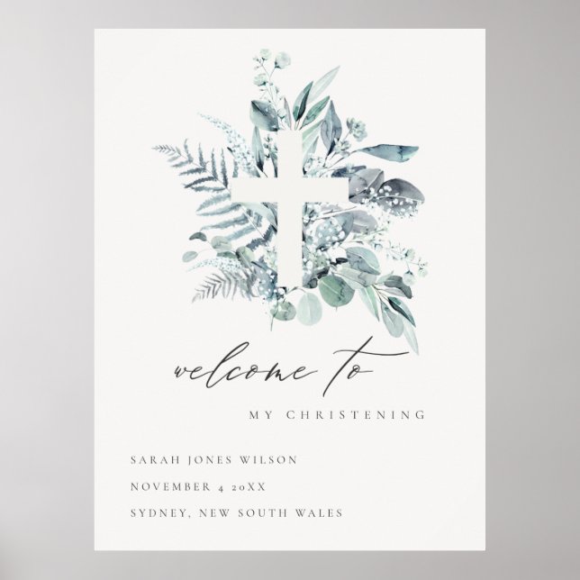 Eucalyptus Fern Fauna Cross Christening Welcome Poster (Front)