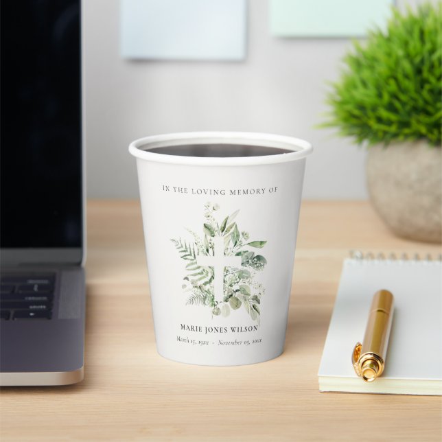 Eucalyptus Fern Fauna Cross Memorial Sympathy Paper Cups (Insitu)