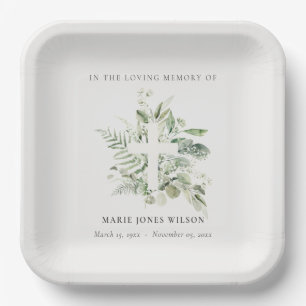 Eucalyptus Fern Fauna Cross Memorial Sympathy Paper Plate