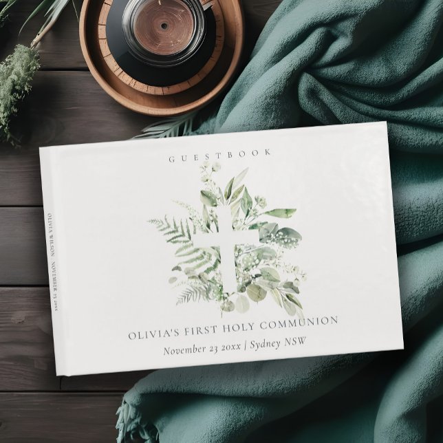 Eucalyptus Fern Foliage Cross First Holy Communion Guest Book (Creator Uploaded)