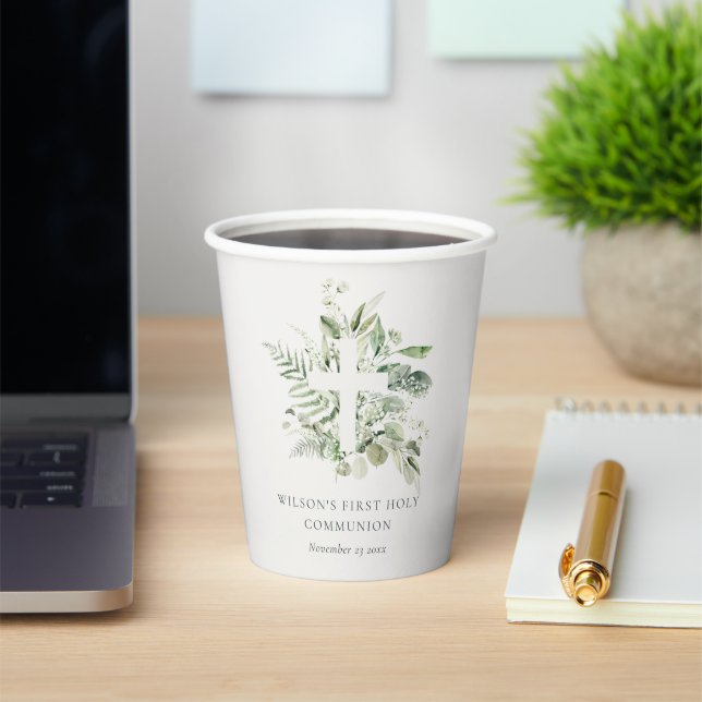 Eucalyptus Fern Foliage Cross First Holy Communion Paper Cups (Insitu)