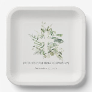 Eucalyptus Fern Foliage Cross First Holy Communion Paper Plate