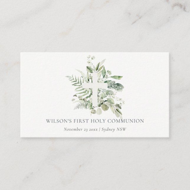 Eucalyptus Fern Foliage Cross First Holy Communion Place Card (Front)