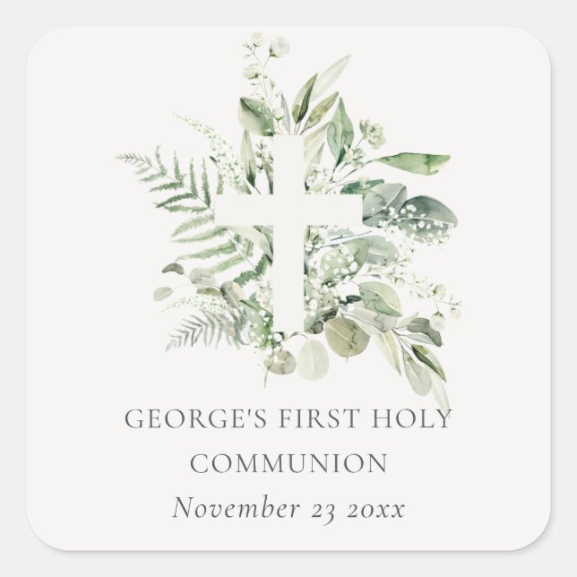 Eucalyptus Fern Foliage Cross First Holy Communion Square Sticker (Front)
