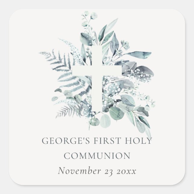 Eucalyptus Fern Foliage Cross First Holy Communion Square Sticker (Front)