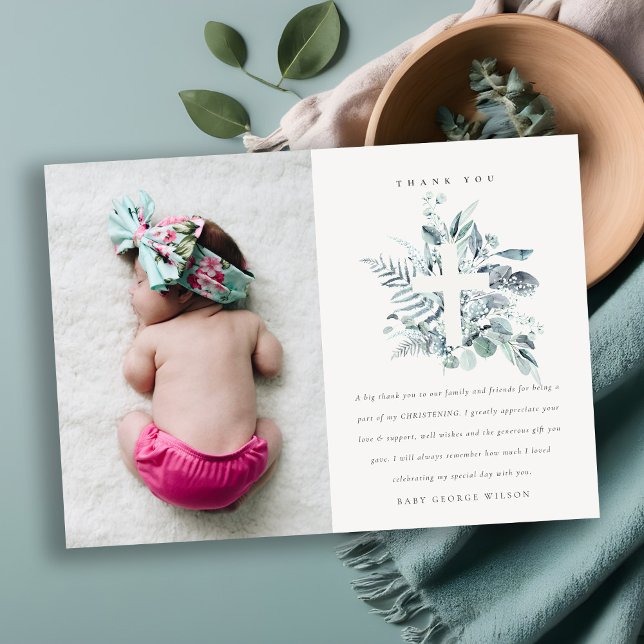 Eucalyptus Fern Foliage Cross First Holy Communion Thank You Card (Creator Uploaded)