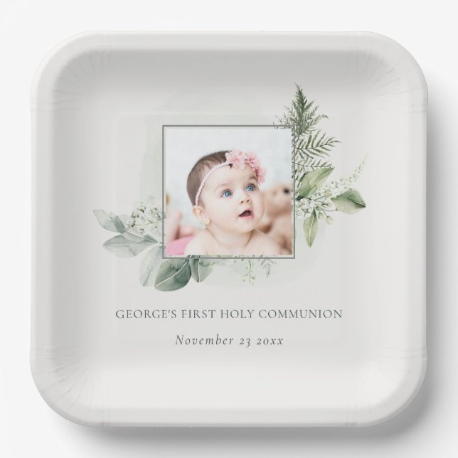 Eucalyptus Fern Foliage Photo First Holy Communion Paper Plate (Front)