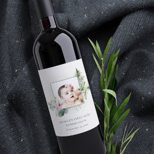 Eucalyptus Fern Foliage Photo First Holy Communion Wine Label