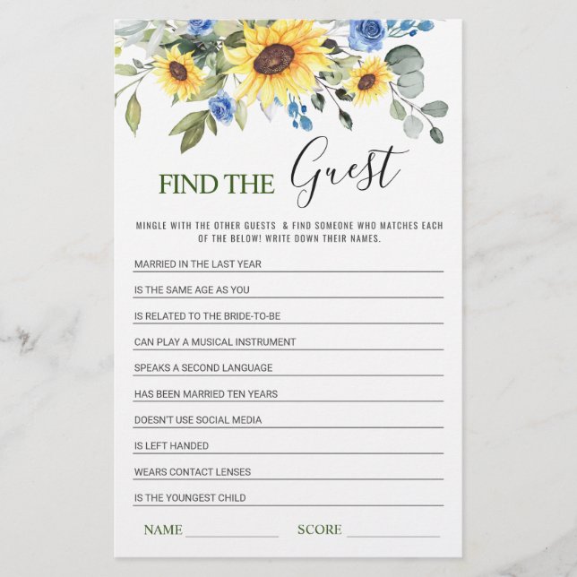 Eucalyptus Find the Guest Bridal Shower Game (Front)