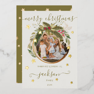 Eucalyptus & fir Christmas wreath gold stars photo Foil Holiday Card