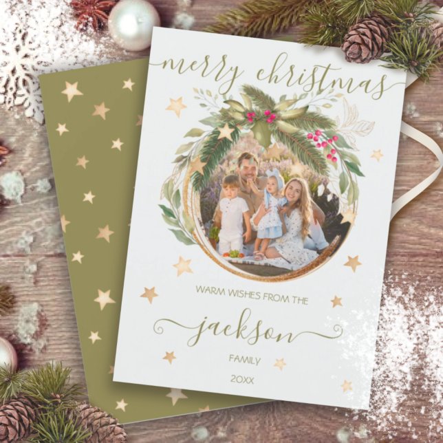 Eucalyptus & fir Christmas wreath gold stars photo Invitation (Creator Uploaded)