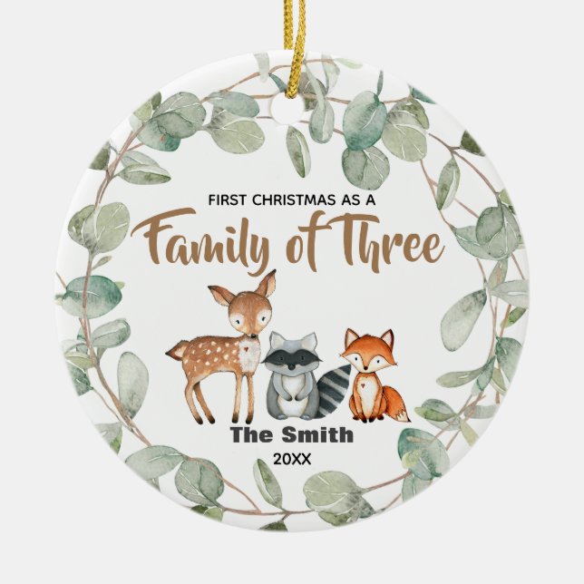 Eucalyptus First Christmas as a Family of 3 Ceramic Tree Decoration (Front)
