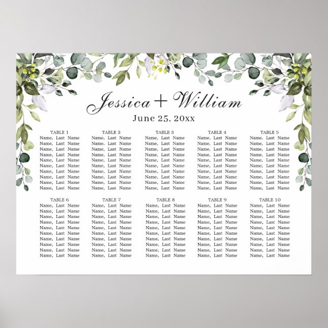 Eucalyptus Floral 10 Tables Wedding SEATING CHART (Front)