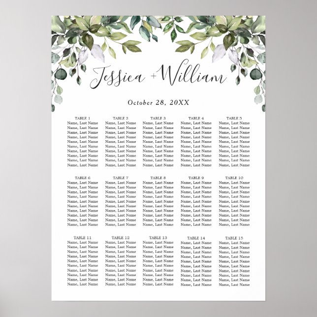 Eucalyptus Floral 15 Tables Wedding SEATING CHART (Front)