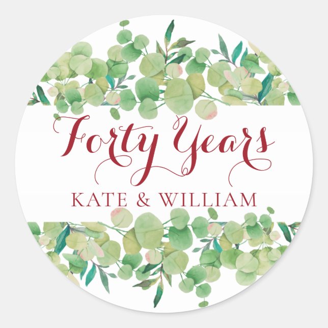 Eucalyptus Floral 40th Anniversary Classic Round Sticker (Front)
