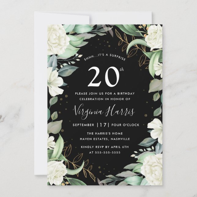 Eucalyptus Floral Black Twenty 20th Birthday Invitation (Front)