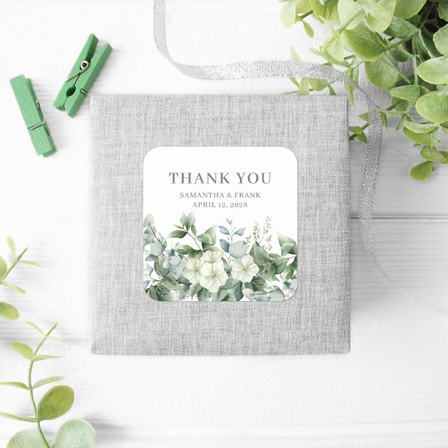 Eucalyptus Floral Border Wedding Thank You Square Sticker (Wedding Favor Stickers)
