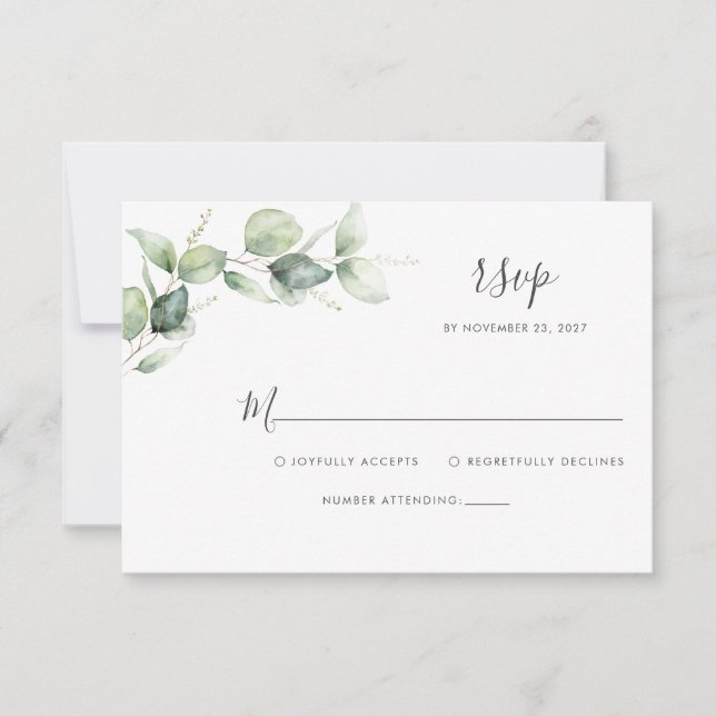 Eucalyptus Floral Botanical Script Wedding RSVP Card (Front)