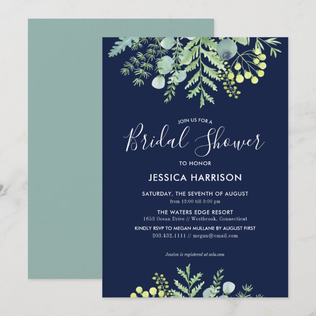Eucalyptus Floral Bridal Shower Invitation Navy (Front/Back)