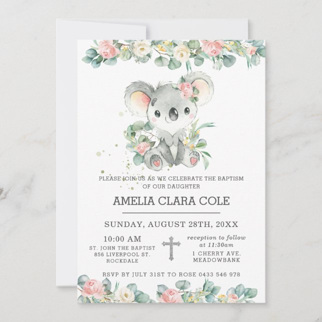 Eucalyptus Floral Cute Koala Baptism Christening Invitation (Front)