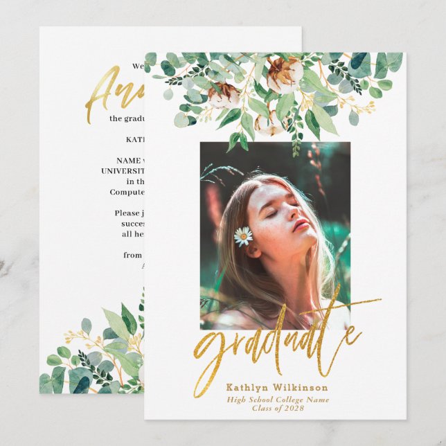 Eucalyptus Floral Elegant Gold Script Graduation Announcement (Front/Back)