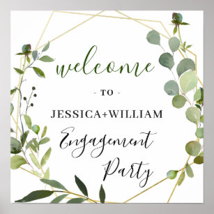 Eucalyptus Floral Geometric Frame Engagement Party Poster