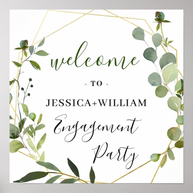 Eucalyptus Floral Geometric Frame Engagement Party Poster (Front)