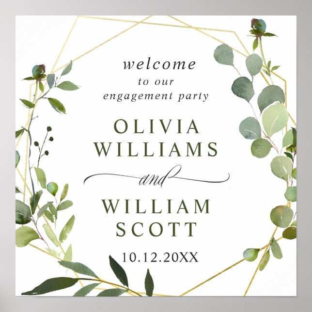Eucalyptus Floral Geometric Frame Engagement Party Poster (Front)