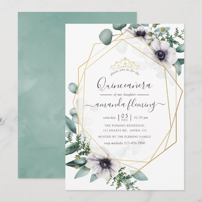 Eucalyptus Floral Geometric Quinceañera Invitation (Front/Back)