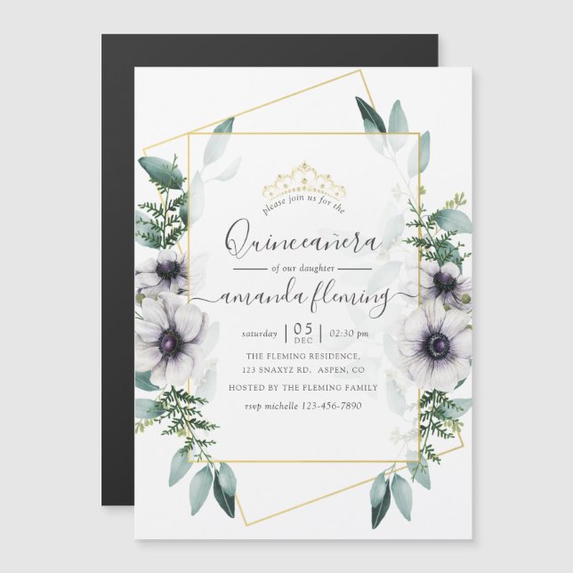 Eucalyptus Floral Geometric Quinceañera Magnetic Invitation (Front/Back)